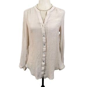 Zach & Rachel Button Front Top Long Roll Tab Sleeve Simi Sheer